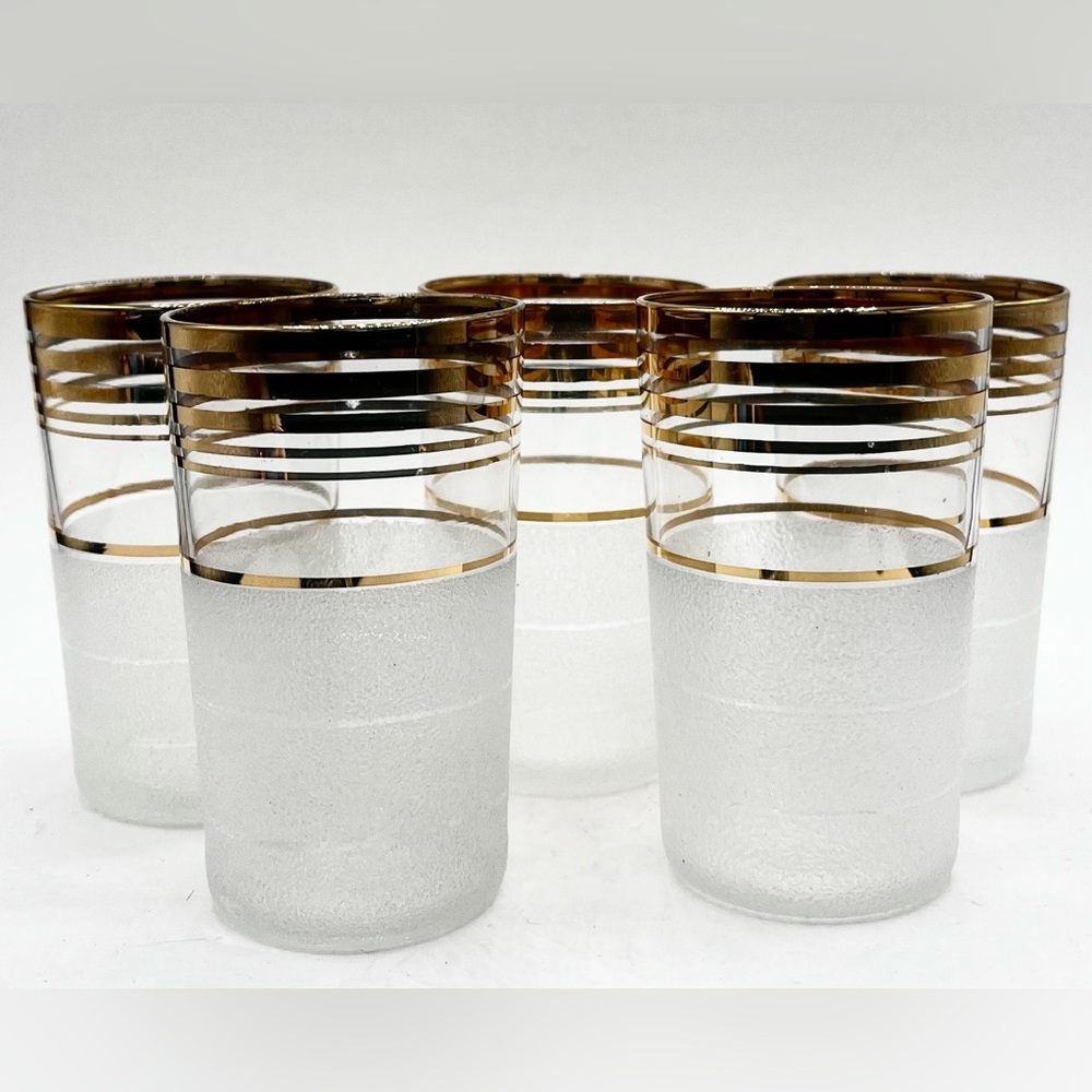 MCM Set Of 5 Juice Cocktail Glasses Gold Trim Frosted 4.5” Tall Vintage
